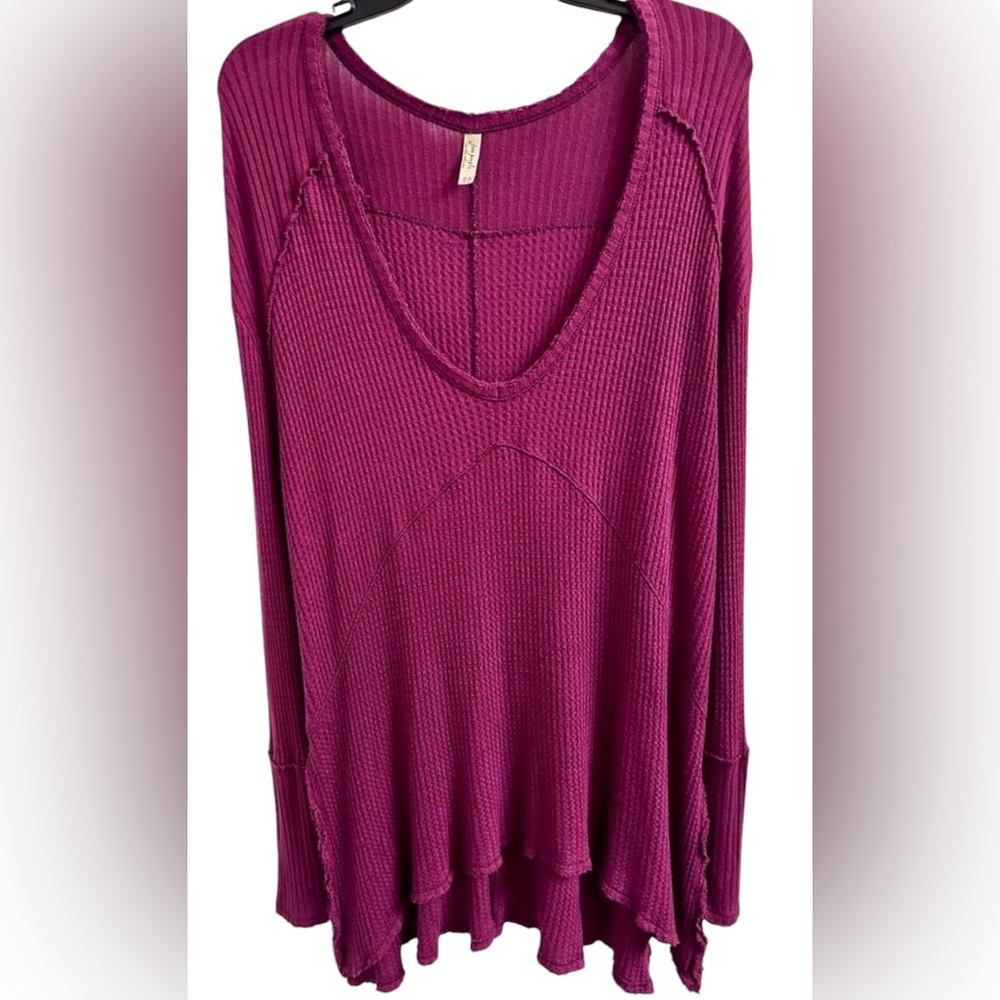 FREE PEOPLE Waffle Knit Deep V Long Sleeve Top in Wine Size M/L/XL ✨GUC✨